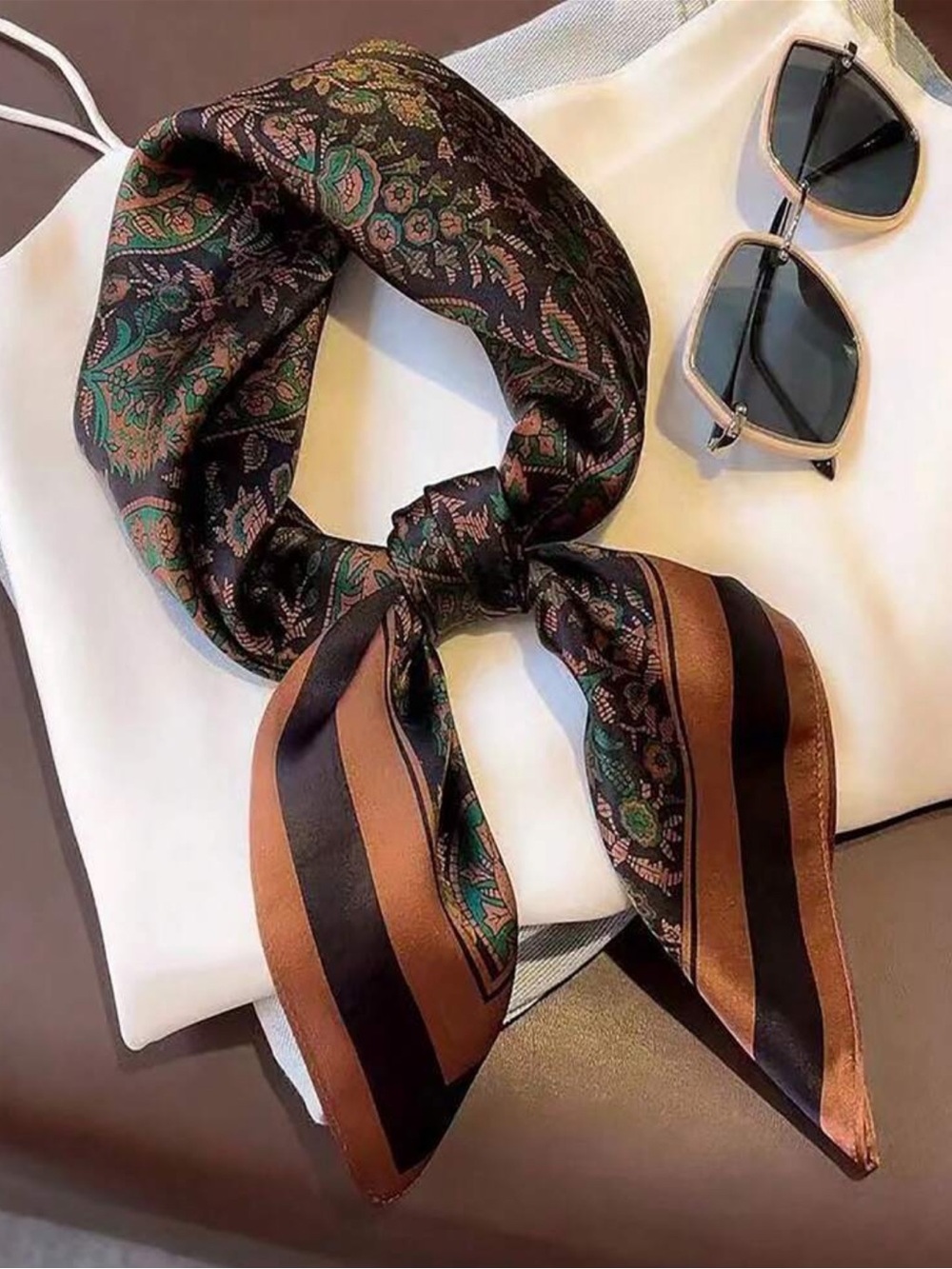 Blue-Green & Brown Classic Paisley Square Scarf | 27.5” - Picture 4 of 11